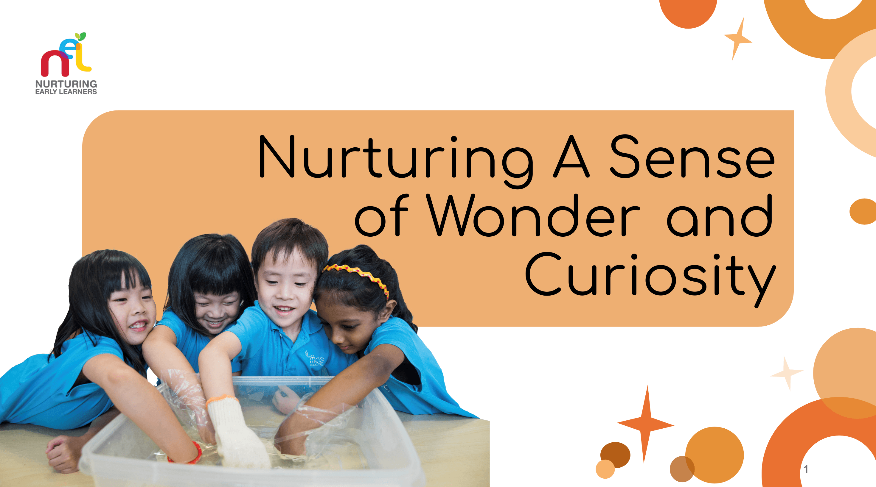 children playing with water, with words "Nurturing a sense of wonder and curiosity" 